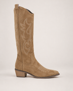Women's Cowboy Boots: Embroidered Knee-High Style in Dark Brown, single side profile