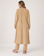 Women's Three Piece Loungewear Set in Camel, walking studio view