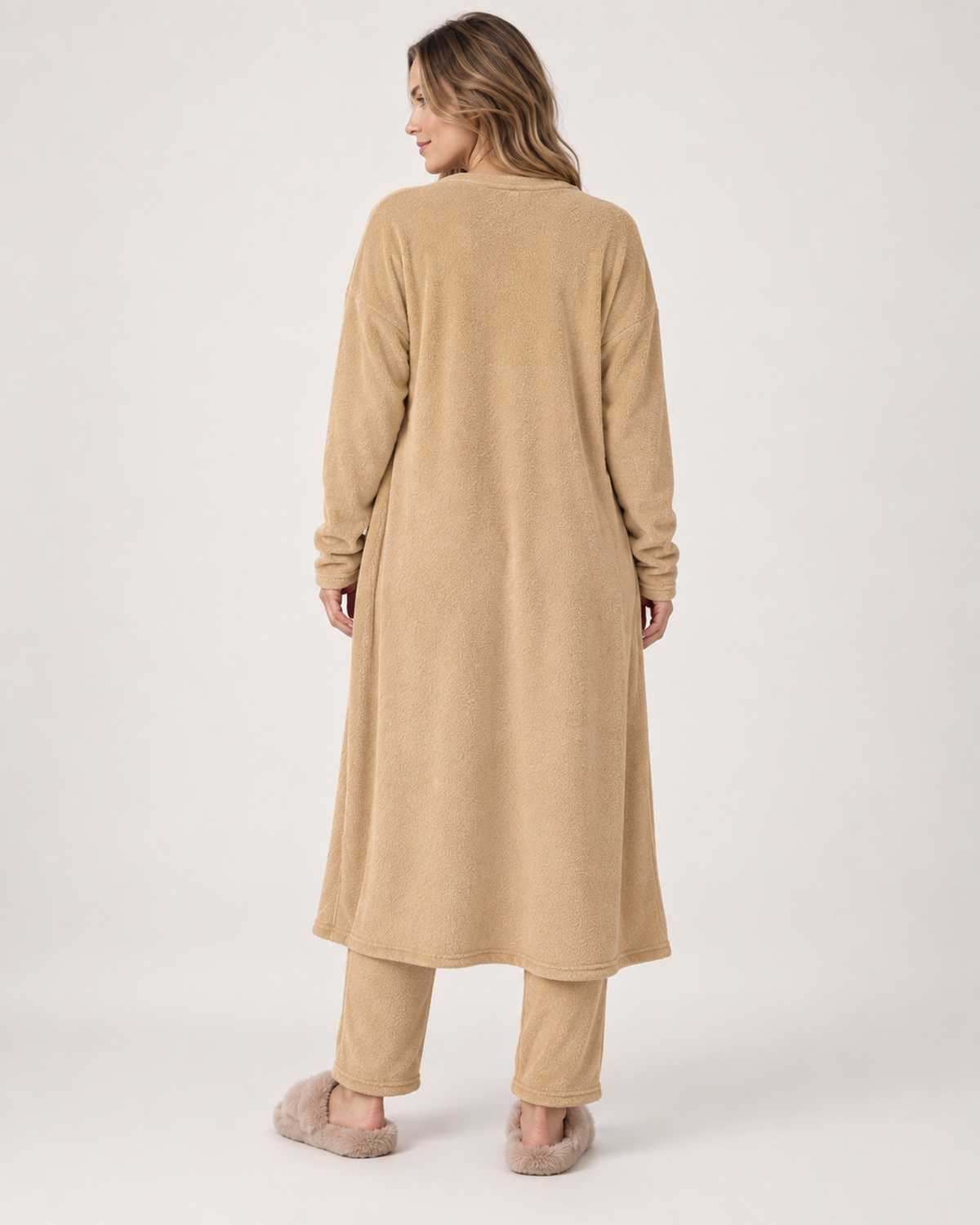 Women's Three Piece Loungewear Set in Camel, walking studio view