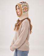 Women's beige floral crochet hooded scarf, side studio view
