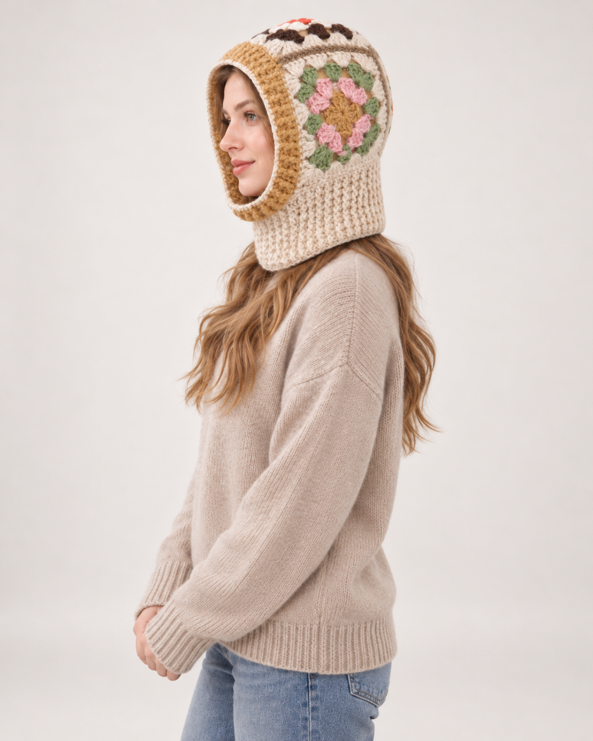 Women's beige floral crochet hooded scarf, side studio view