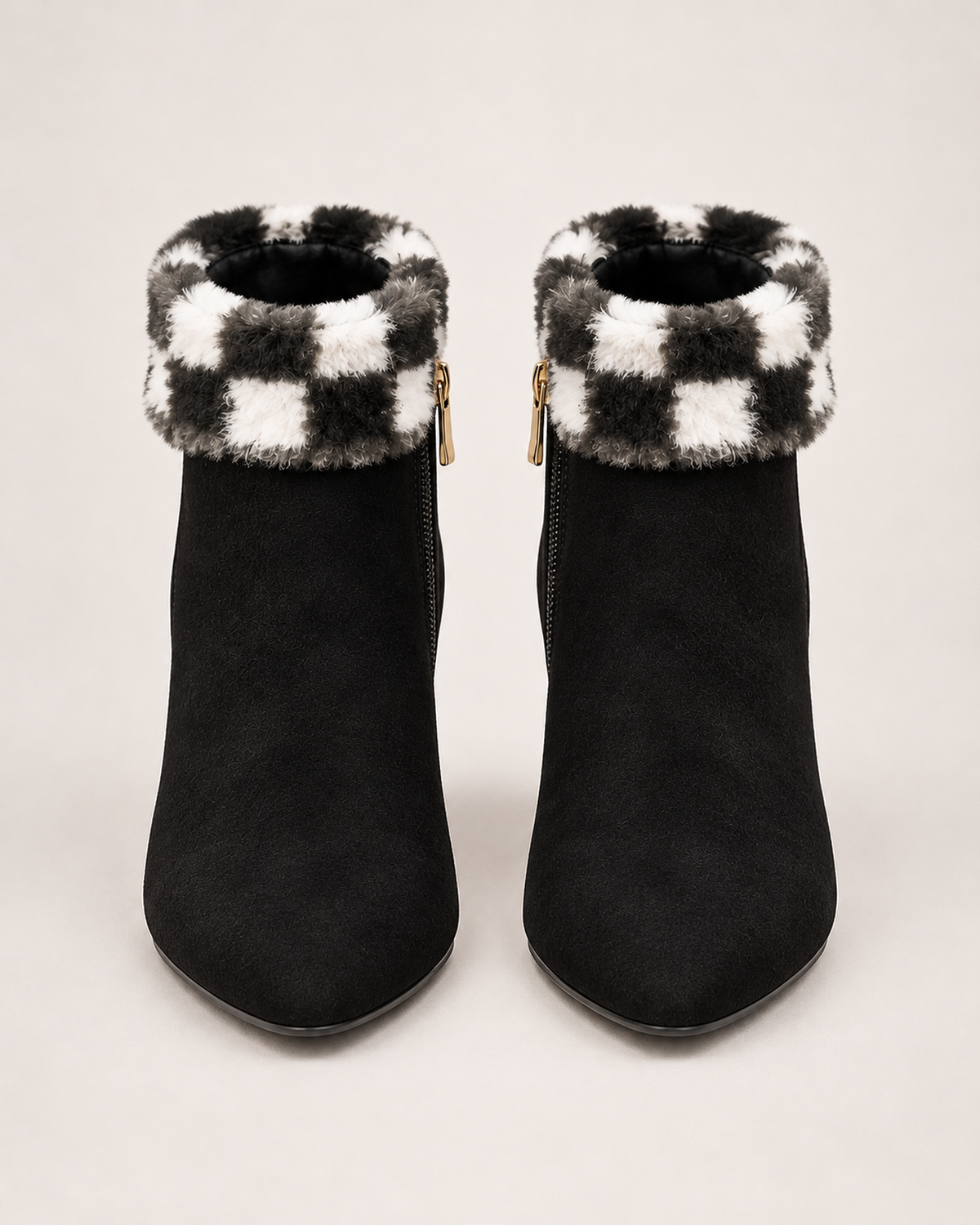 Women's Ankle Boots - Plaid-Trim Block Heel Style, straight front pair view showing toe and pair consistency
