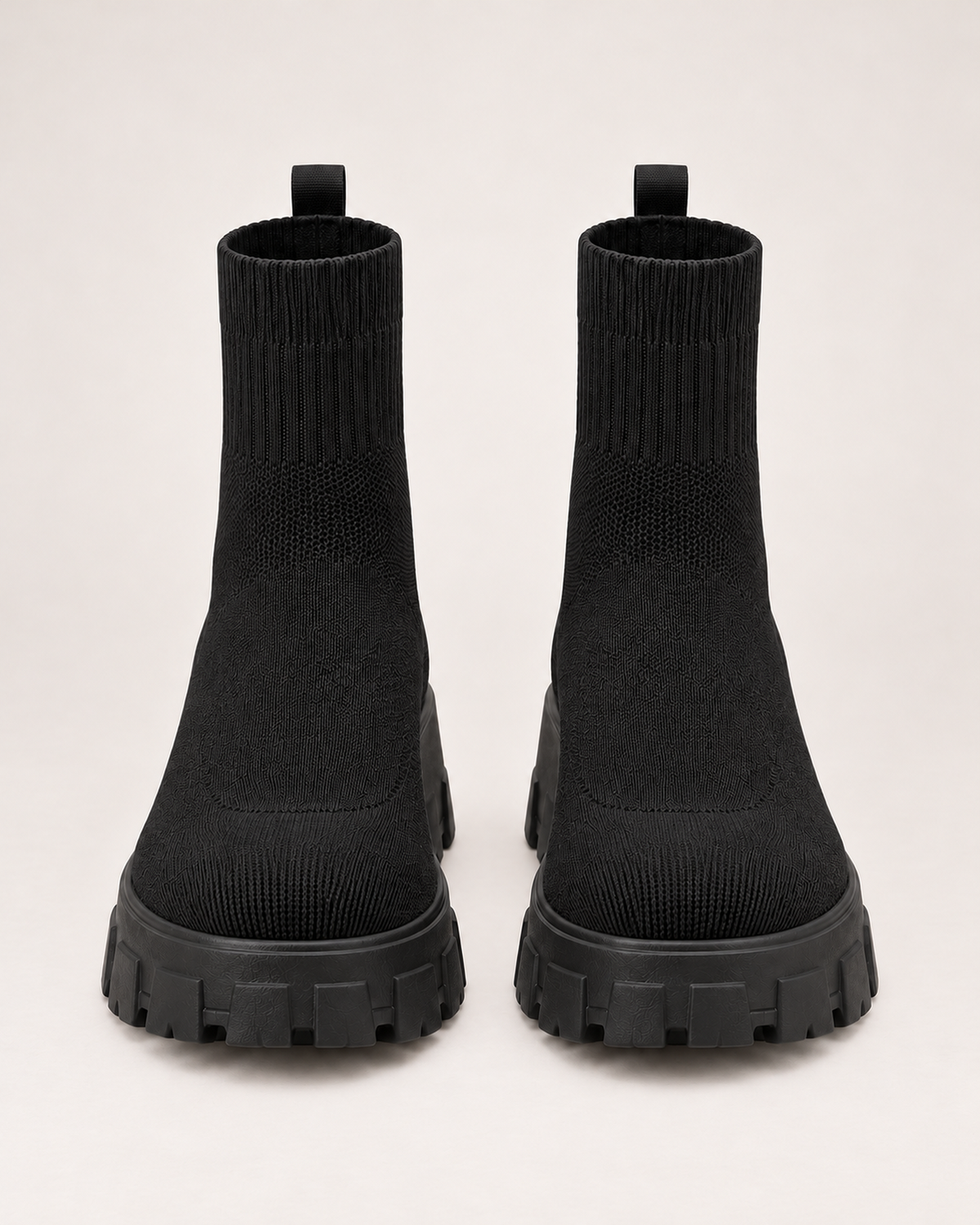 Women's Sock Boots - Chunky Platform Style, straight front pair view showing toe and pair consistency