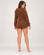 Women's Fleece Onesie - Short Bear-Ear Style, Brown rear view