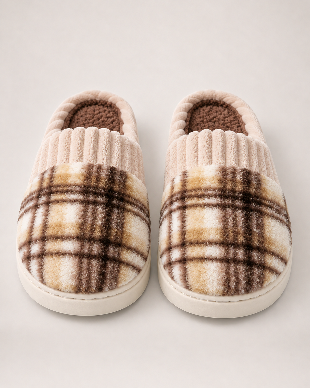 Men's Slippers - Plaid Plush Style, elevated front view showing toe, openings and lining