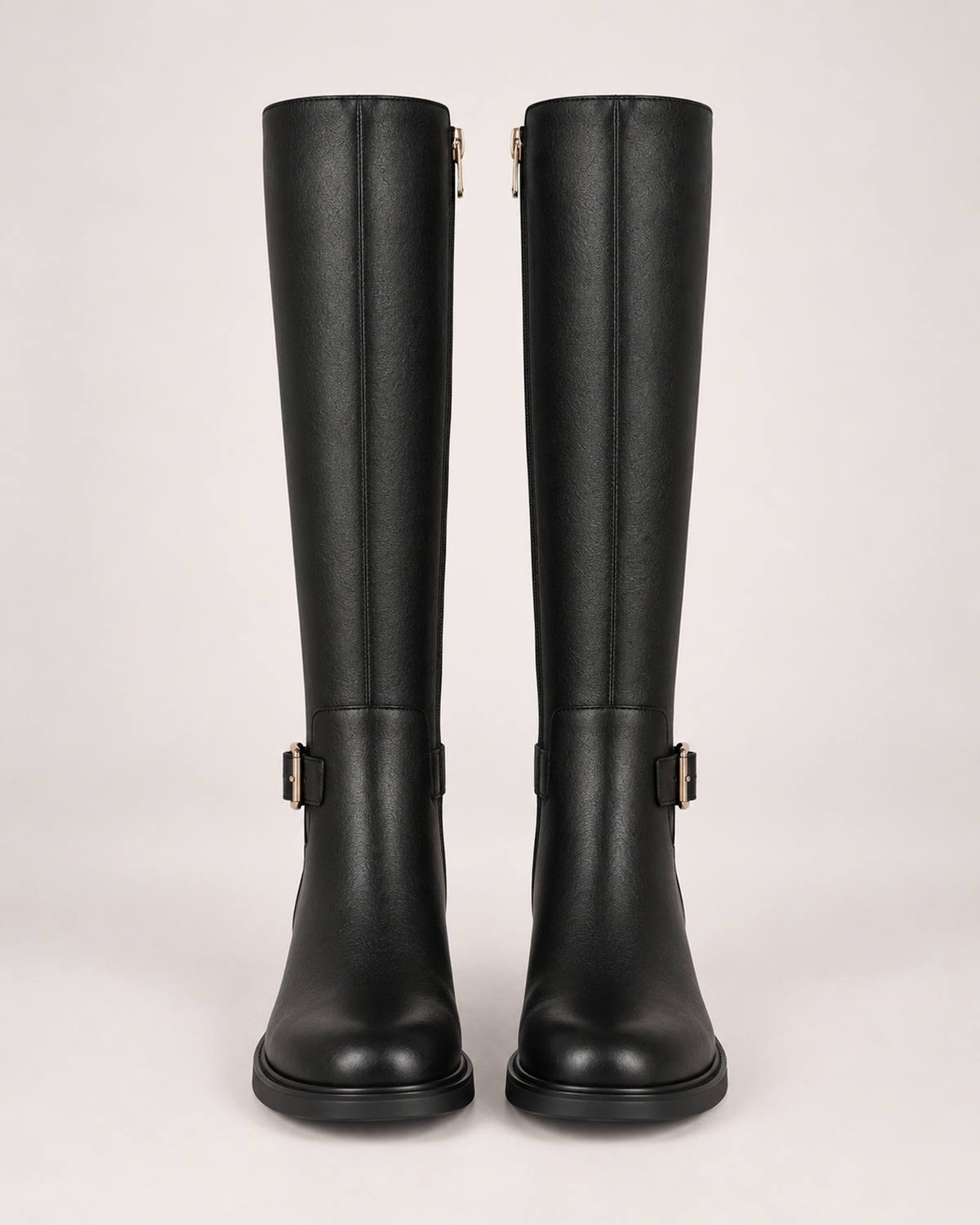 Women's Black Knee High Boots – Buckle Detail in UK 2, front view