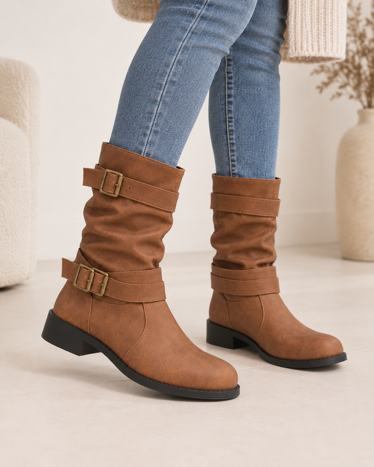 Women's Biker Boots – Double Buckle Detail in Brown, front view