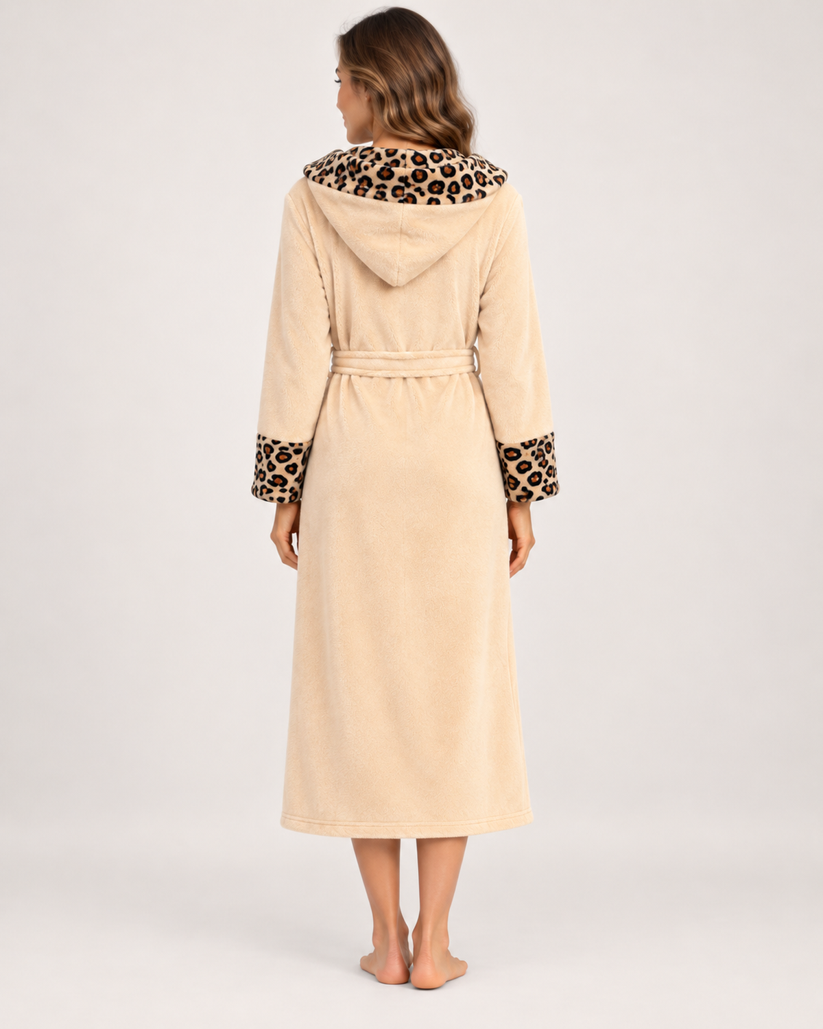 Women's Dressing Gown - Leopard-Trim Hooded Style, full rear view