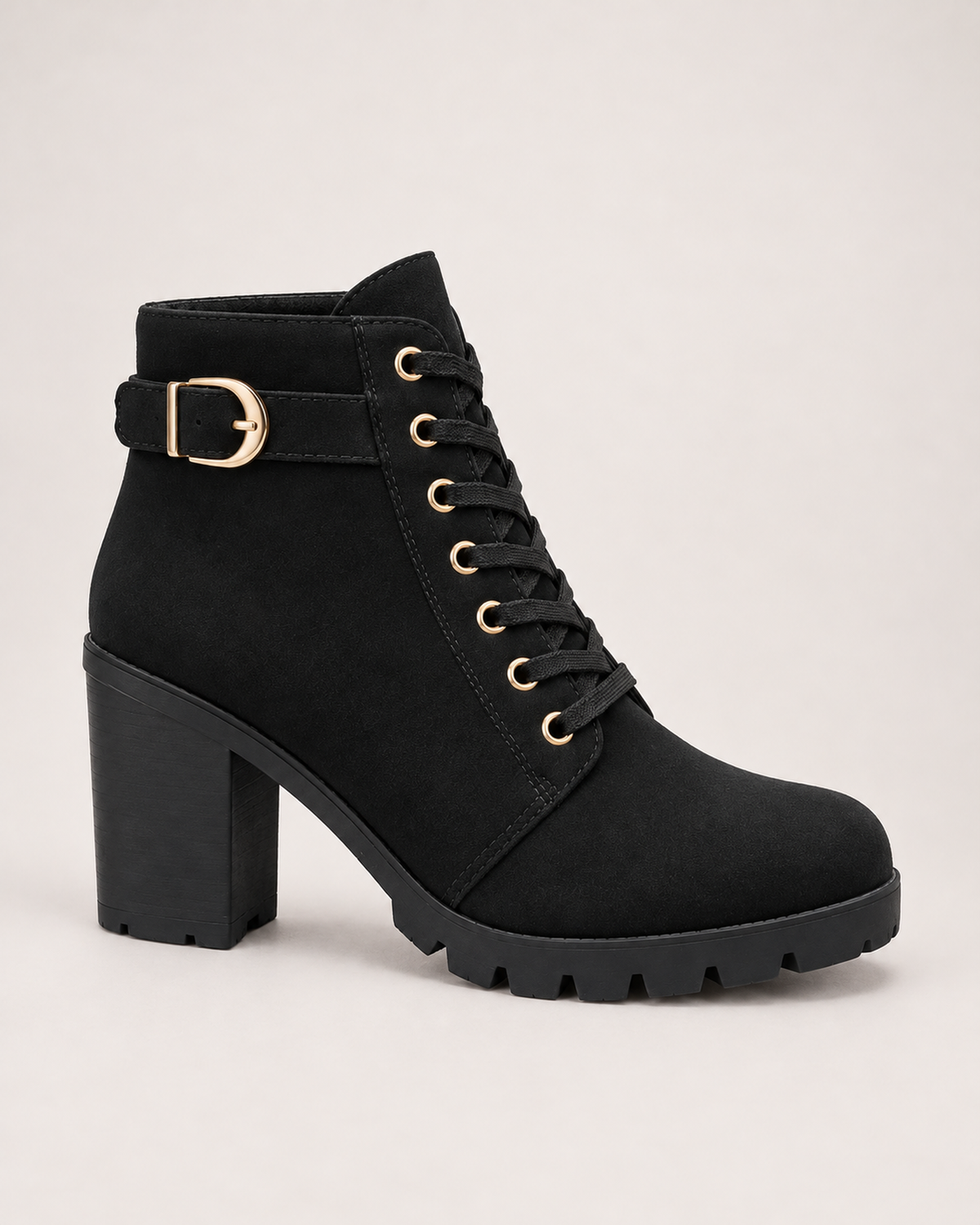 Women's Ankle Boots - Buckled Lace-Up Block Heel, straight front pair view