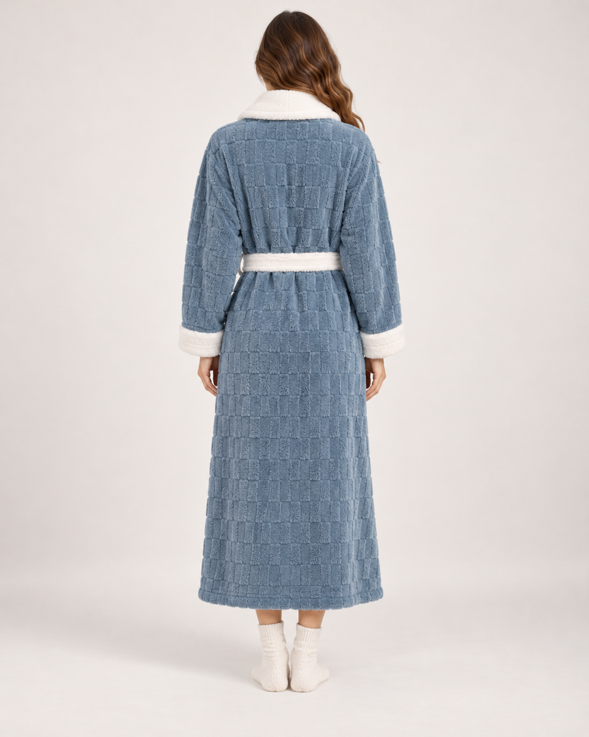 Women's Dressing Gown - Textured Contrast-Trim Style, full rear view