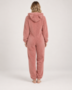 Women's pink cat-ear fleece onesie, rear studio view