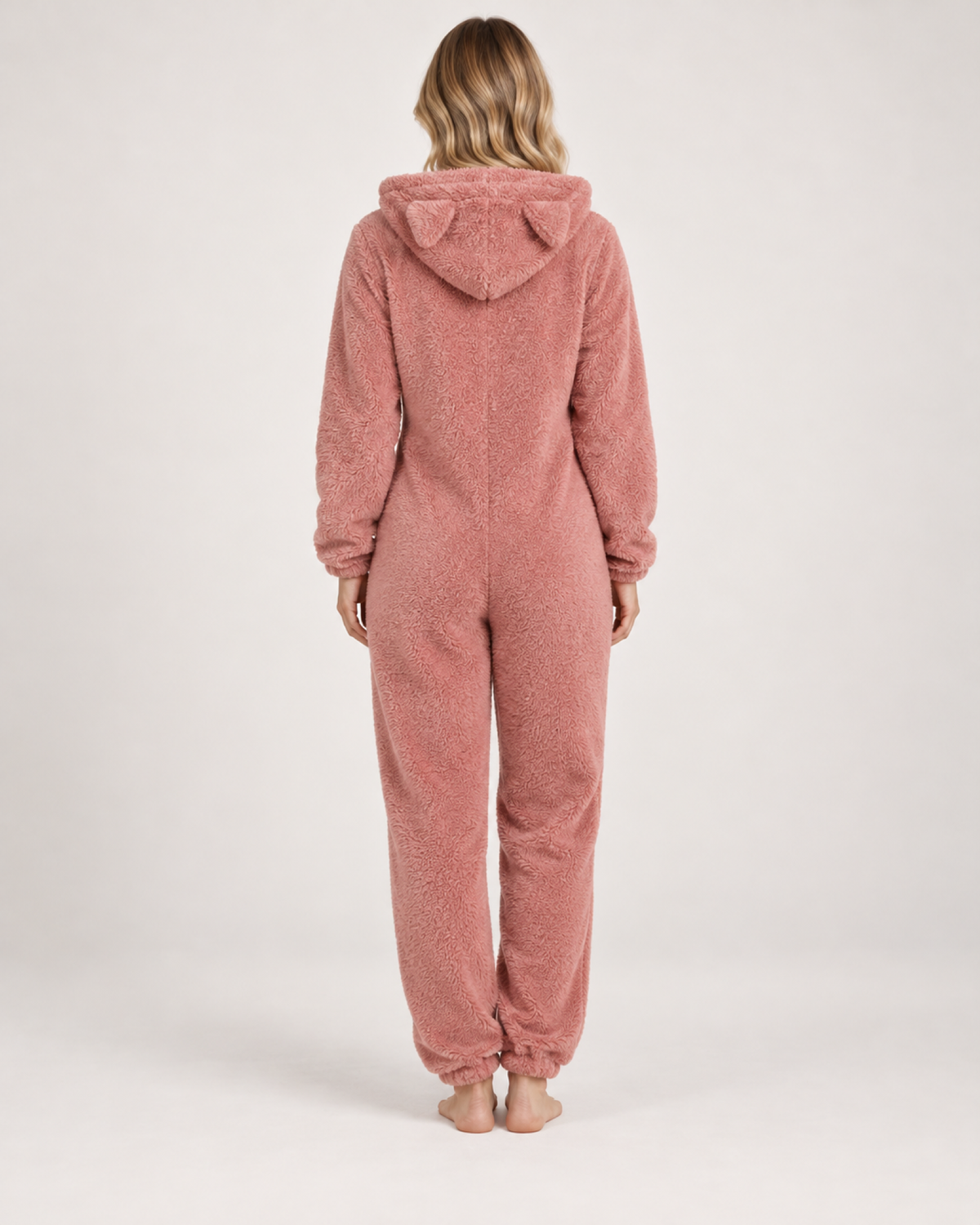 Women's pink cat-ear fleece onesie, rear studio view