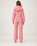 Women's pink bear-ear fleece onesie, rear studio view