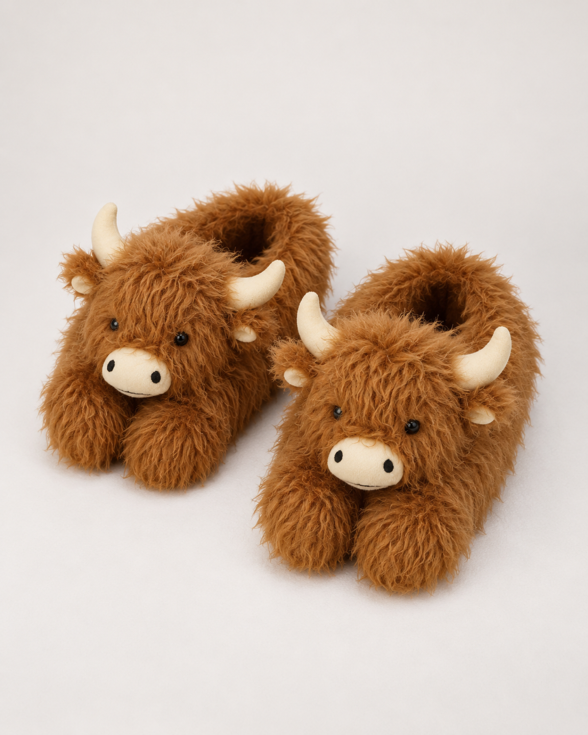 Women's Highland Cow Slippers in Brown, raised front view