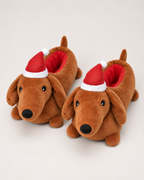 Women's Christmas Dachshund Slippers in Brown, raised front view
