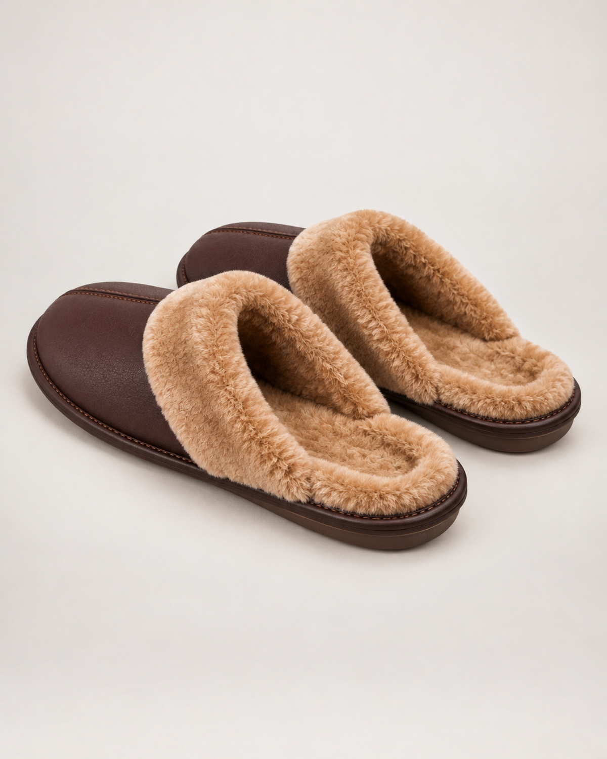 Men's dark brown stitched warm-lined slippers, rear three-quarter studio view