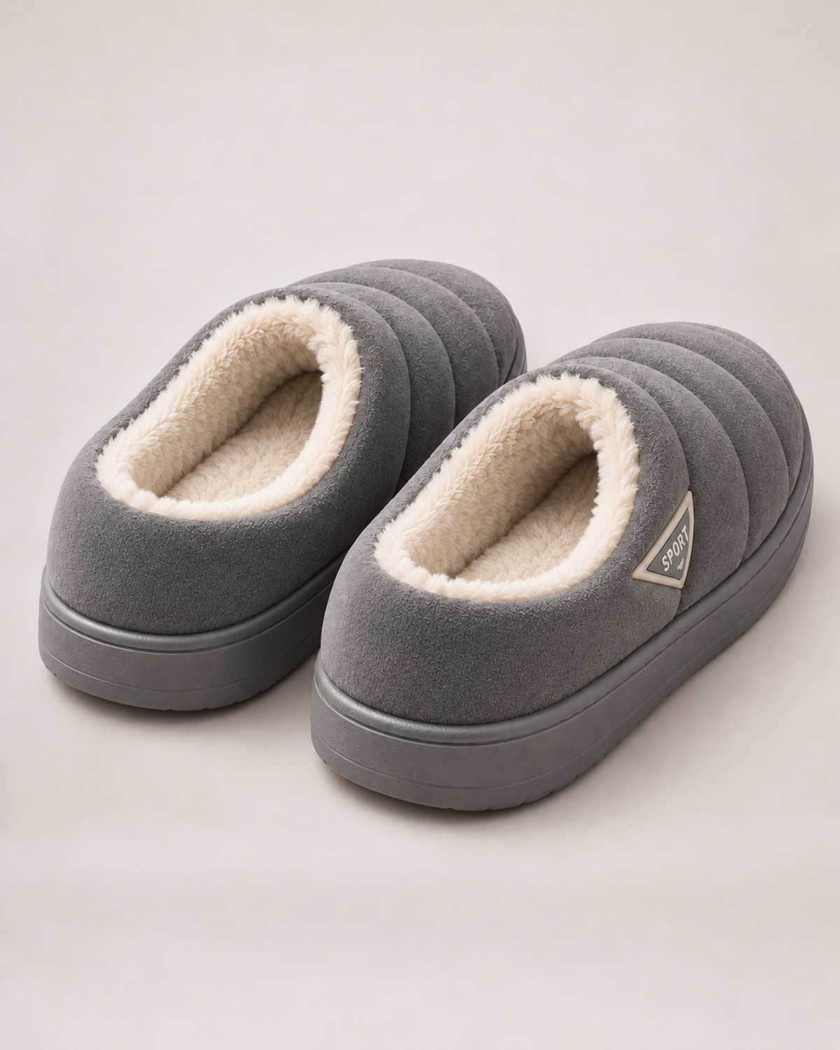Men's grey quilted plush slippers, rear three-quarter studio view