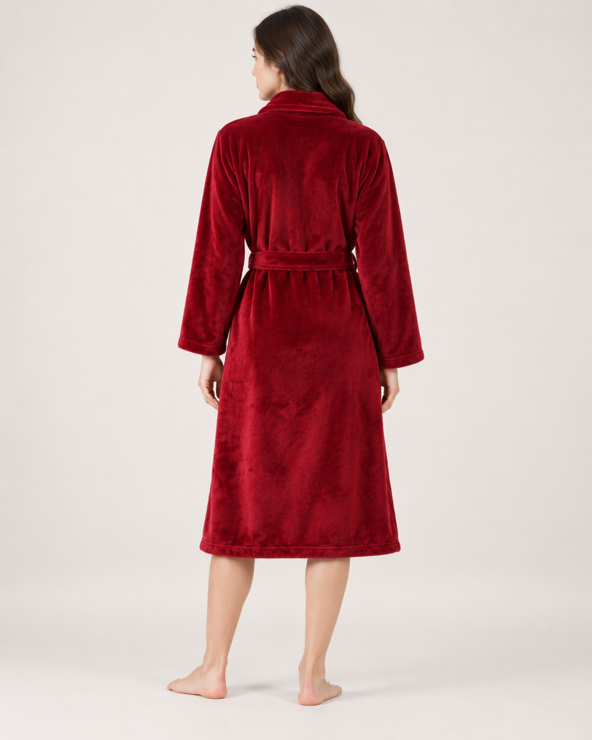 Women's Long Fleece Dressing Gown – Belted Robe, rear view showing the back, sleeve shape and full length