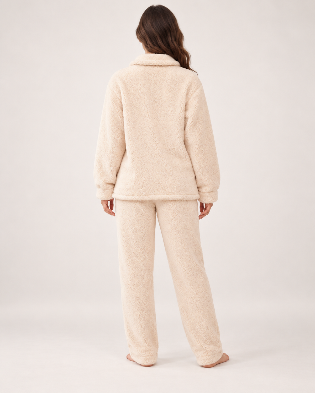 Women's Fleece Pyjama Set – Button-Front Loungewear, rear view showing the back of the top and full trouser length