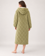 Women's Quilted Fleece Dressing Gown – Hooded Long Style, rear view showing the hood, back quilting, sleeves and full length