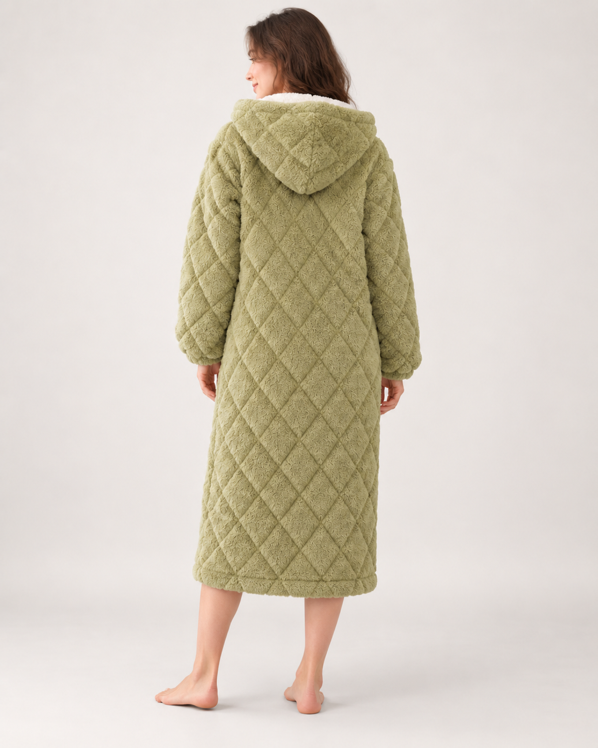 Women's Quilted Fleece Dressing Gown – Hooded Long Style, rear view showing the hood, back quilting, sleeves and full length
