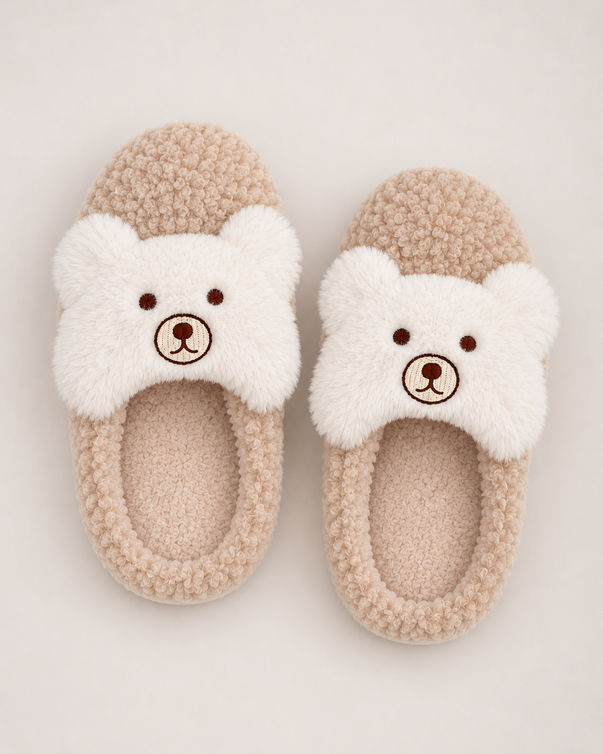 Women's Fluffy Slippers - Teddy Bear Style, elevated front and top view