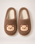 Fluffy Bear Slippers - Embroidered Face Style, elevated front and top view