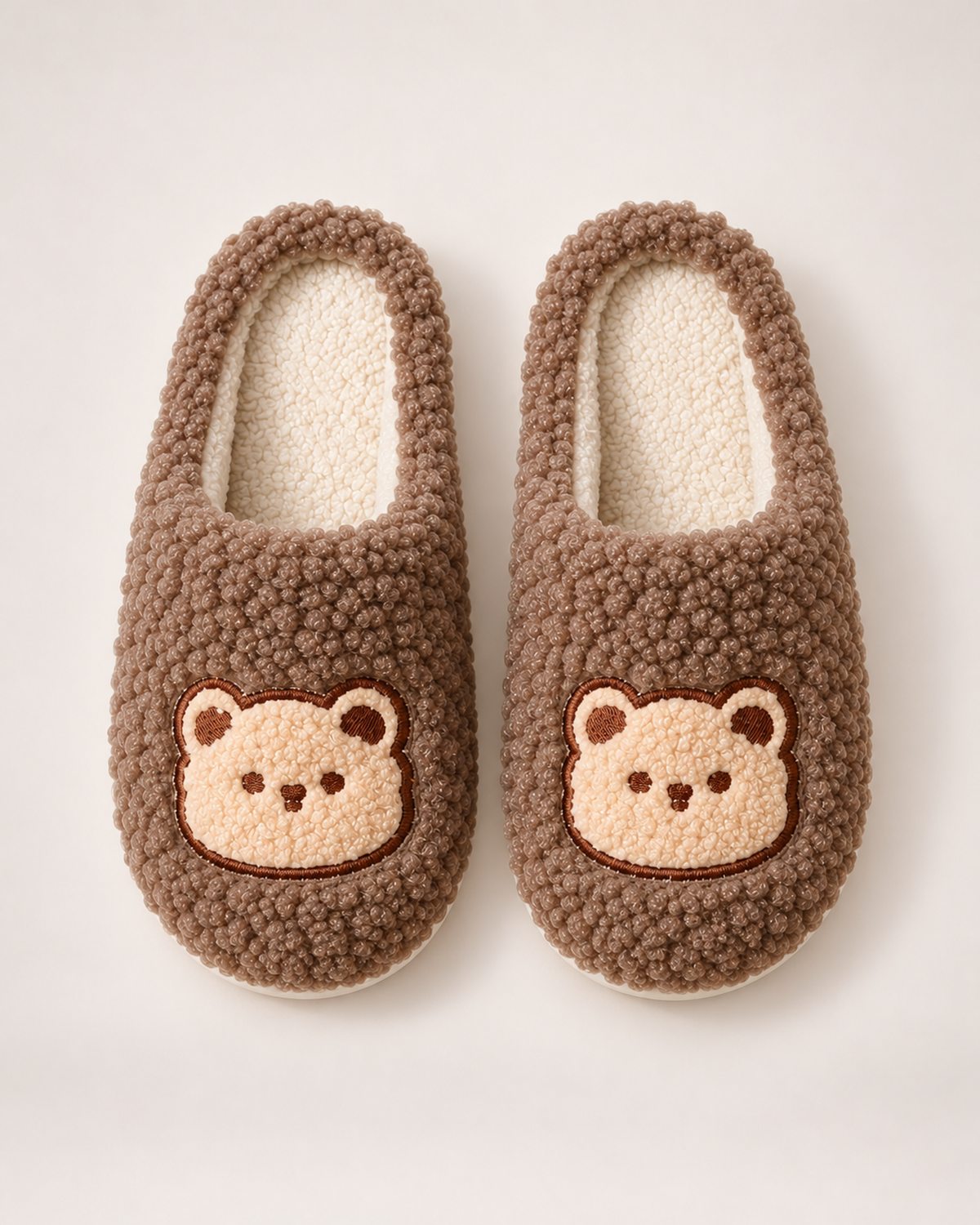 Fluffy Bear Slippers - Embroidered Face Style, elevated front and top view