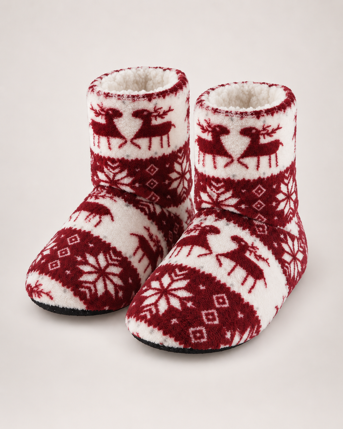 Women's Christmas Slipper Boots – Reindeer Print, elevated front and top pair view showing both openings and the festive pattern