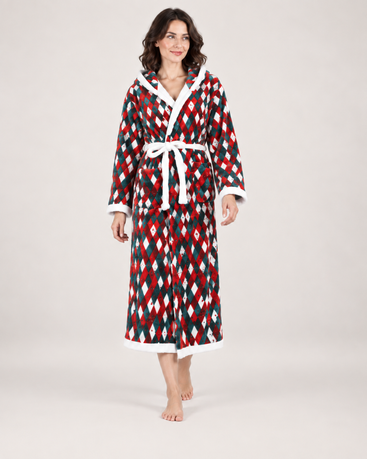 Women's Christmas Check Hooded Dressing Gown in Christmas Check, natural walking pose