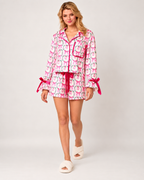 Women's Christmas Short Pyjama Set in Pink Santa, walking studio view
