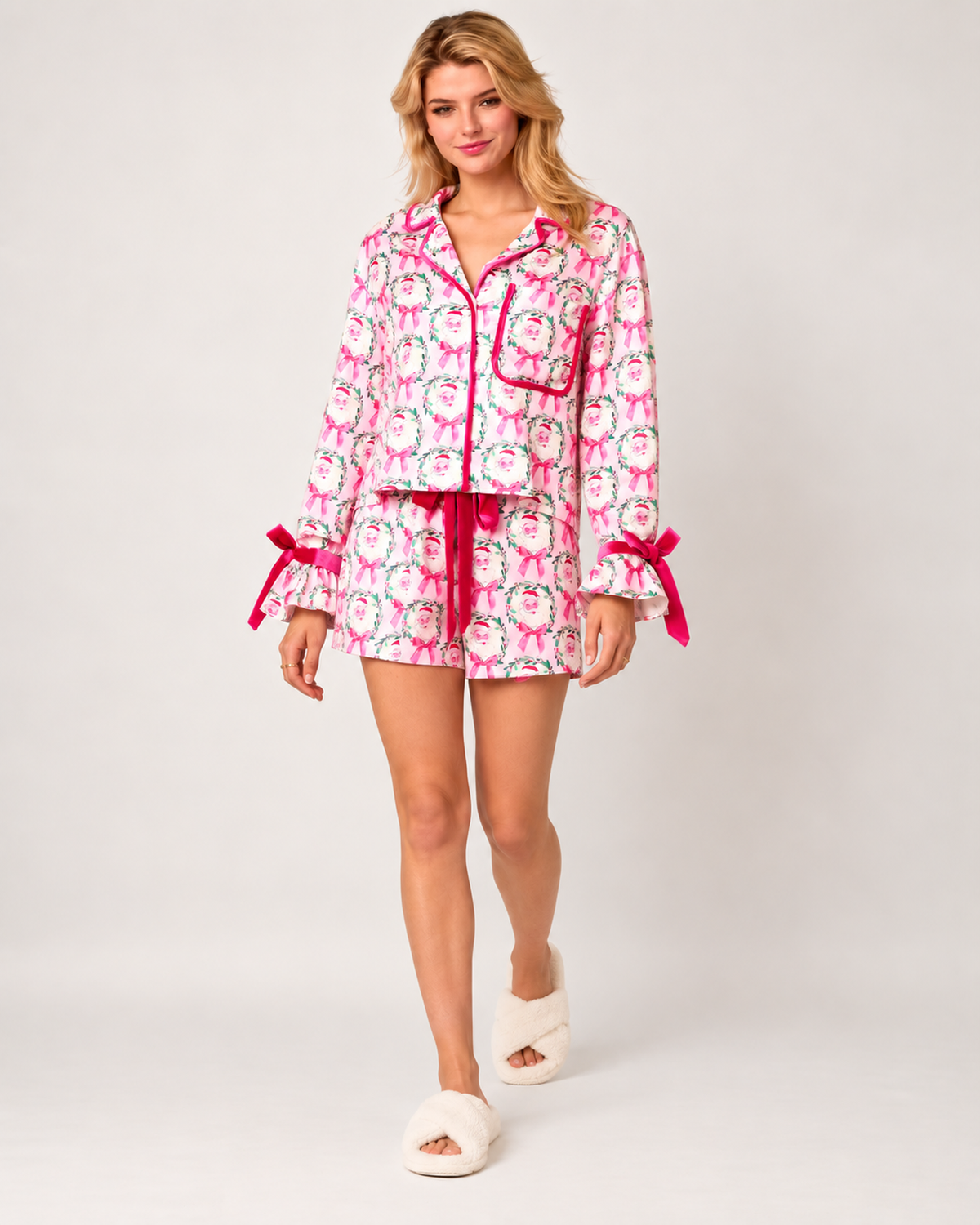 Women's Christmas Short Pyjama Set in Pink Santa, walking studio view