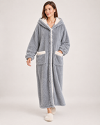 Ladies' Hooded Dressing Gown – Rounded Ear Detail in Grey, natural walking pose