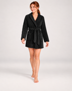 Women's Short Plush Dressing Gown in Black, natural walking pose
