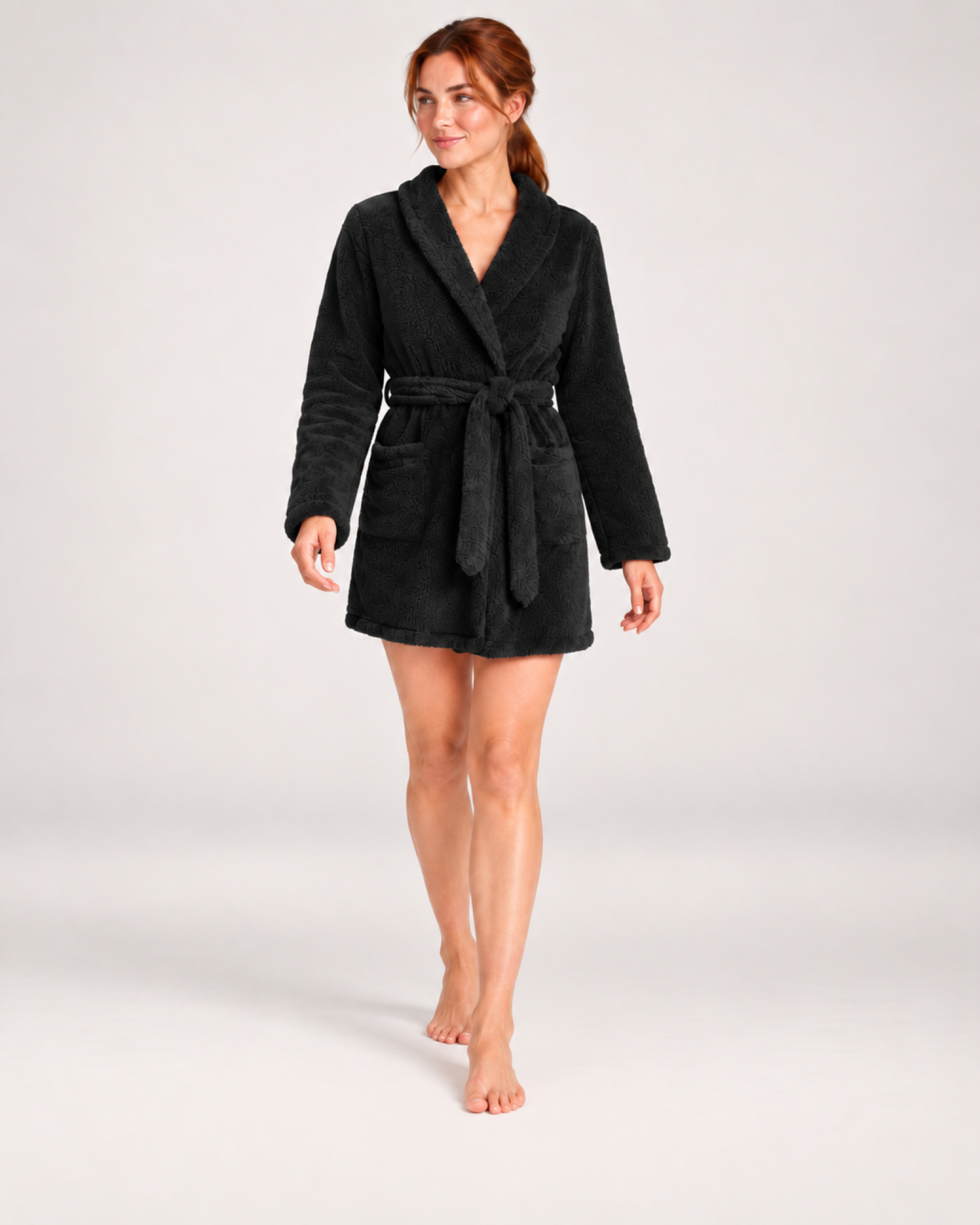 Women's Short Plush Dressing Gown in Black, natural walking pose