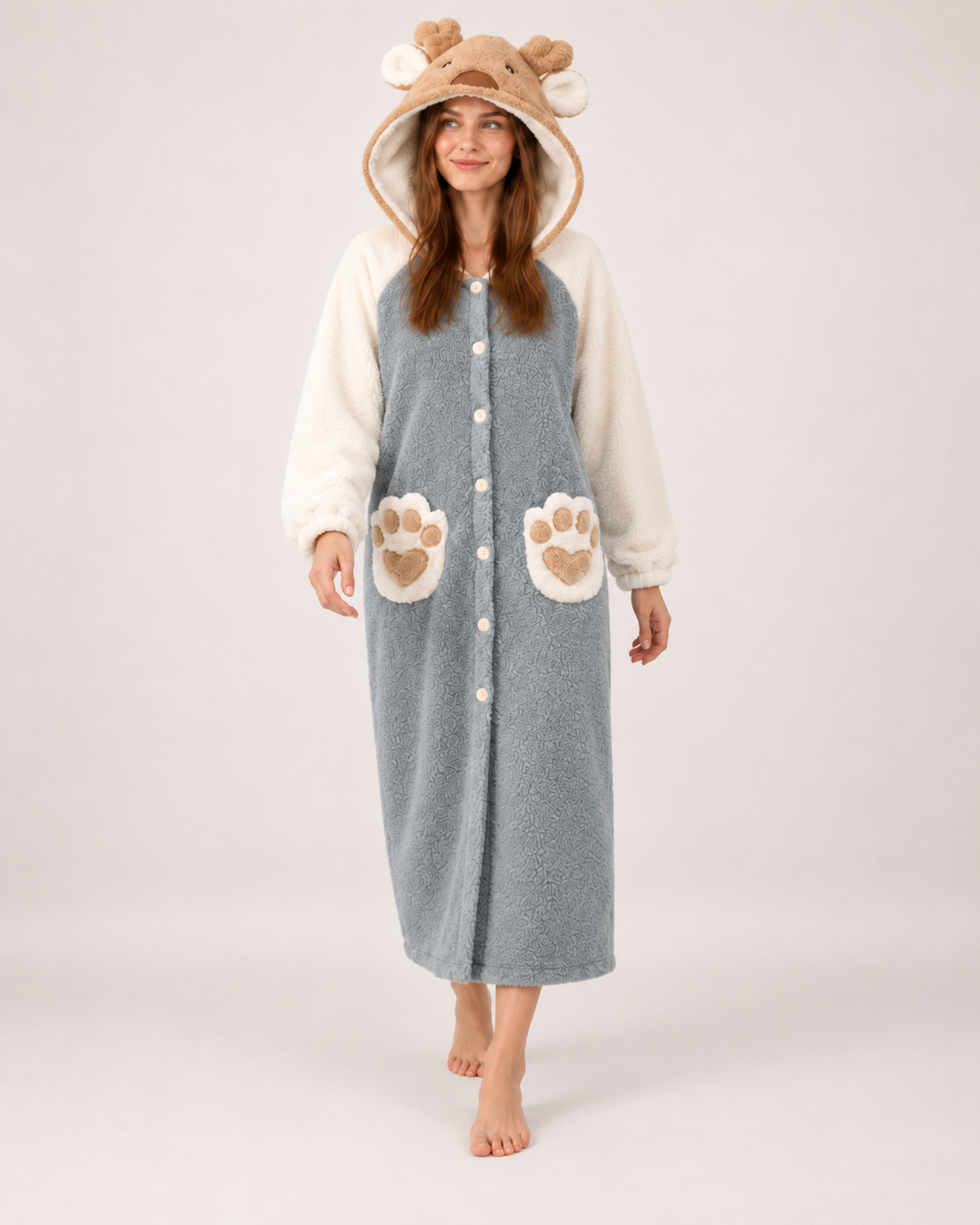 Women's Animal Hooded Lounge Robe in Grey & Cream, natural walking pose