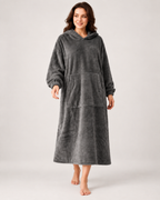 Ladies' Hooded Dressing Gown – Long Pullover Style in Dark Grey, natural walking pose