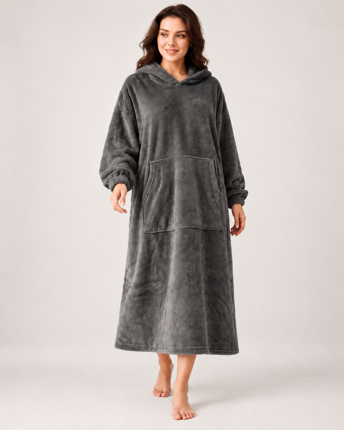 Ladies' Hooded Dressing Gown – Long Pullover Style in Dark Grey, natural walking pose