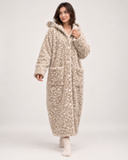 Ladies' Hooded Dressing Gown – Leopard Print in 300g Plush, natural walking pose