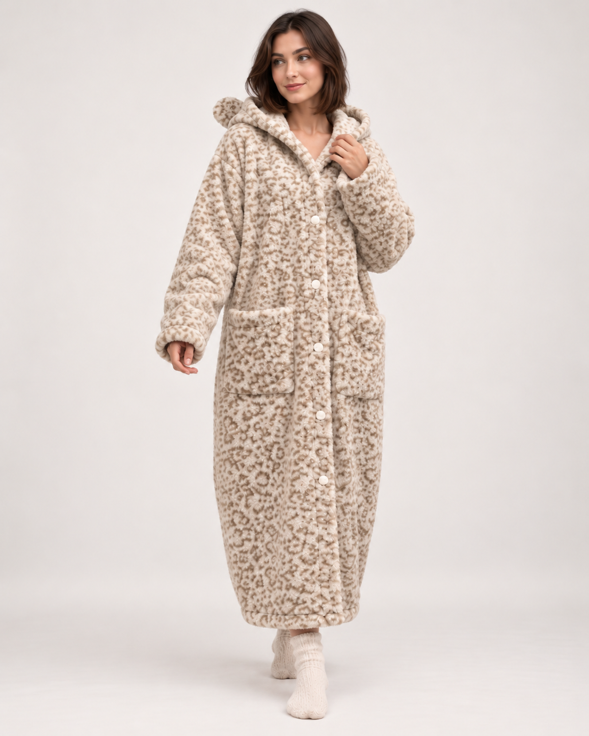 Ladies' Hooded Dressing Gown – Leopard Print in 300g Plush, natural walking pose