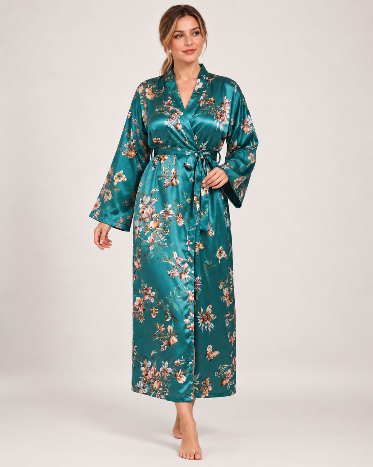 Ladies' Floral Dressing Gown – Long Wrap Style in Teal Floral, natural walking pose