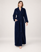 Women's Textured Long Dressing Gown in Navy Blue, natural walking pose