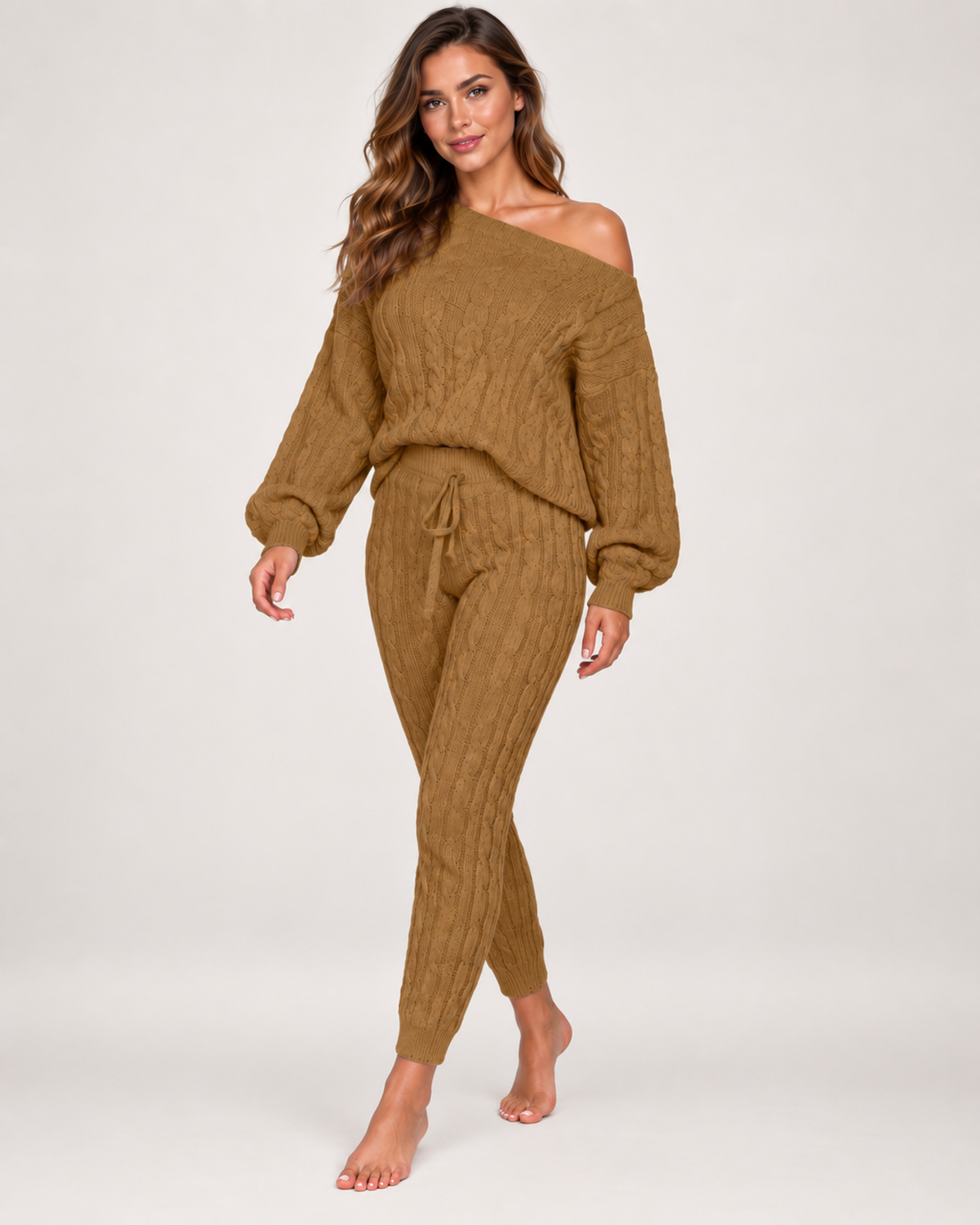 Women's Cable Knit Loungewear Set in Khaki, walking studio view