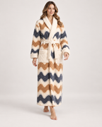 Women's Patterned Long Dressing Gown in Wave Stripe, natural walking pose