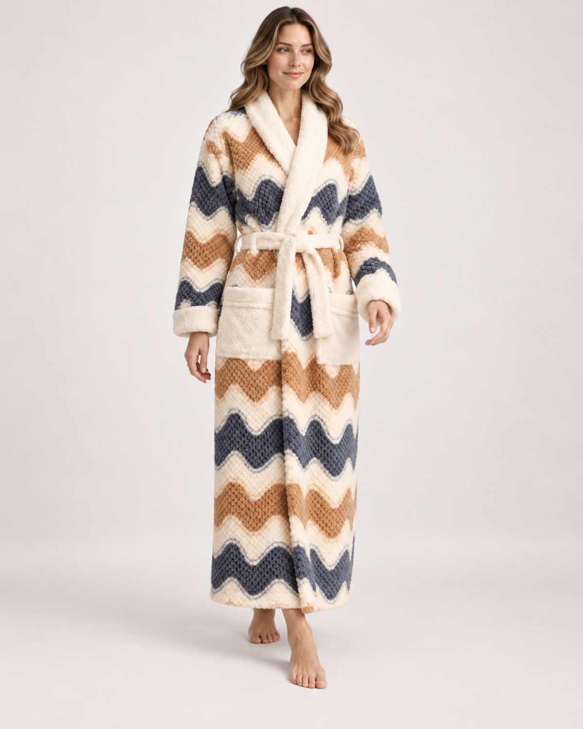 Women's Patterned Long Dressing Gown in Wave Stripe, natural walking pose