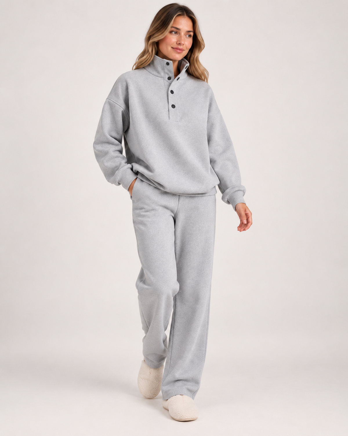Women's Oversized Button-Neck Loungewear Set in Grey, walking studio view