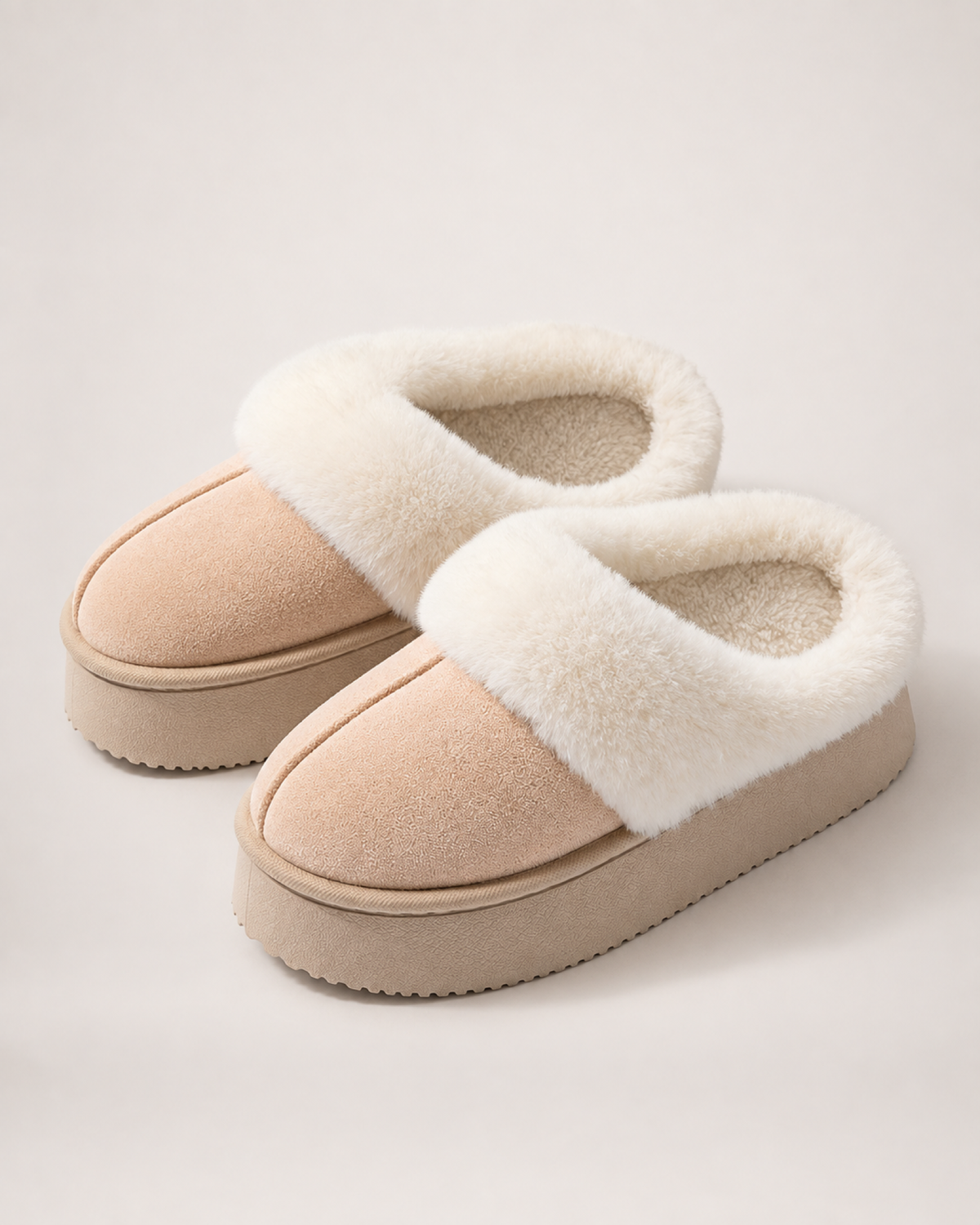 Warm Suede-Effect Slippers in Beige, front top view