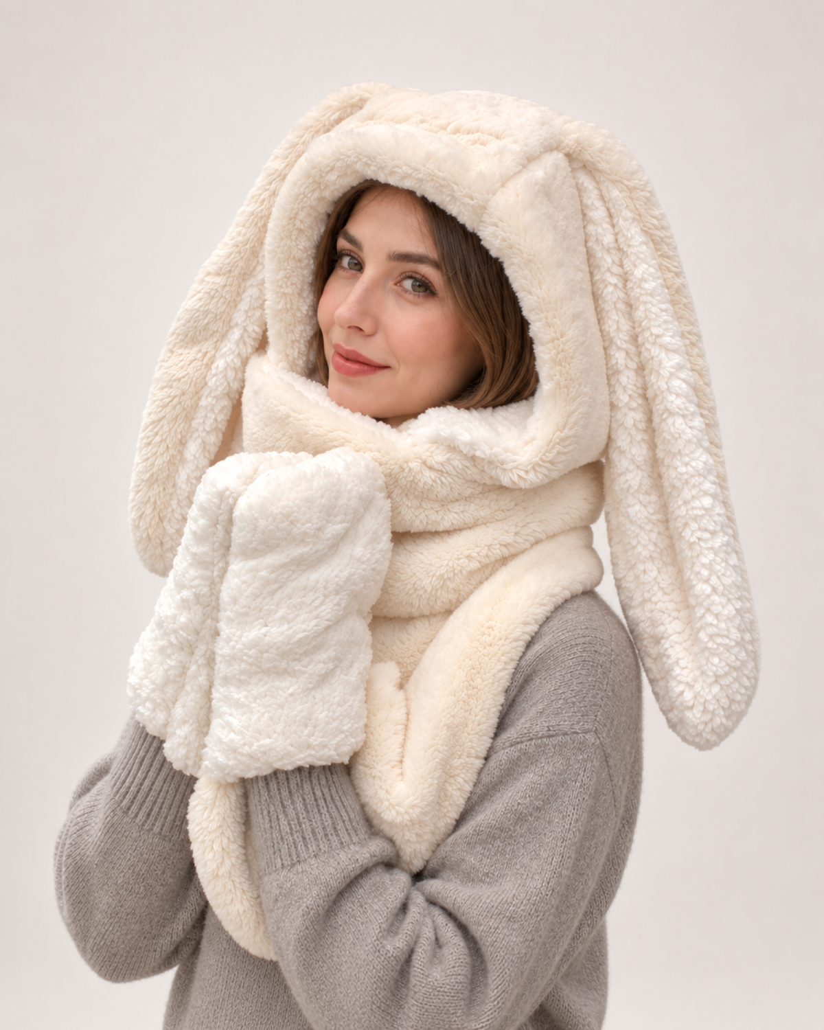 Plush Animal Ear Hooded Scarf in Beige / Bunny Ears, 45 degree worn view