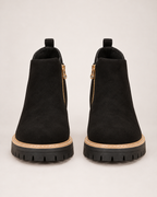 Women's Ankle Boots: Suede-Effect Side-Zip Style in Black, pair straight front