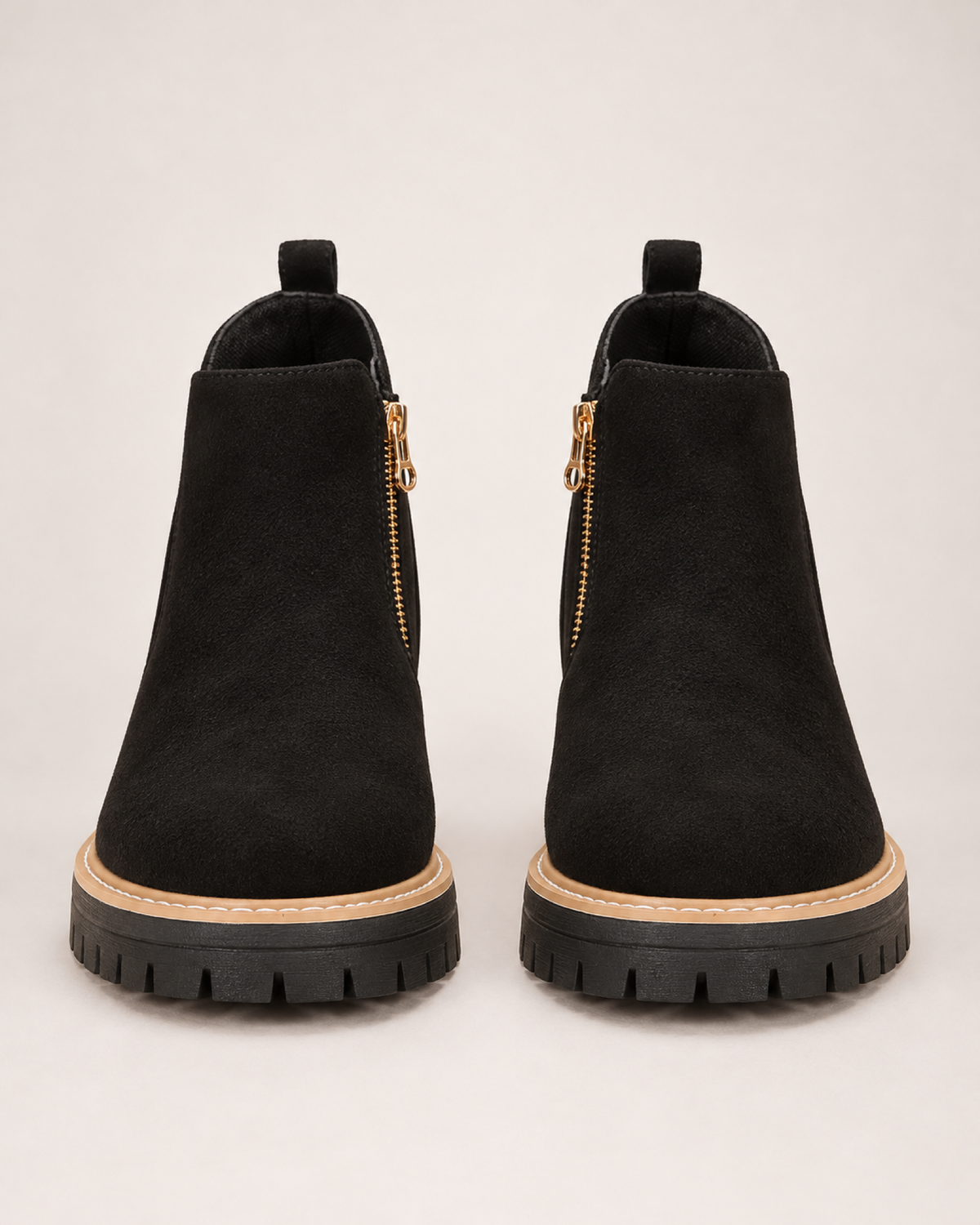 Women's Ankle Boots: Suede-Effect Side-Zip Style in Black, pair straight front